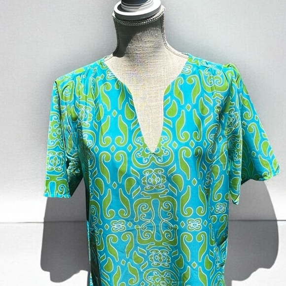 🌻 NEW w/tag Buckhead Betties Camden Ct. Green Turquoise Split Neck Top Blouse L - Picture 2 of 10